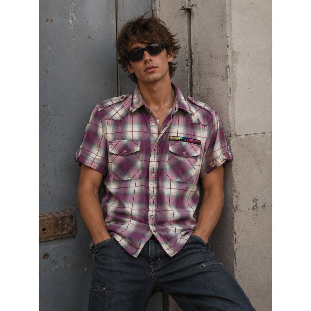 DIESEL Purple Plaid Purple Snap Button Up Short Sleeve Shirt  Mens Size Medium